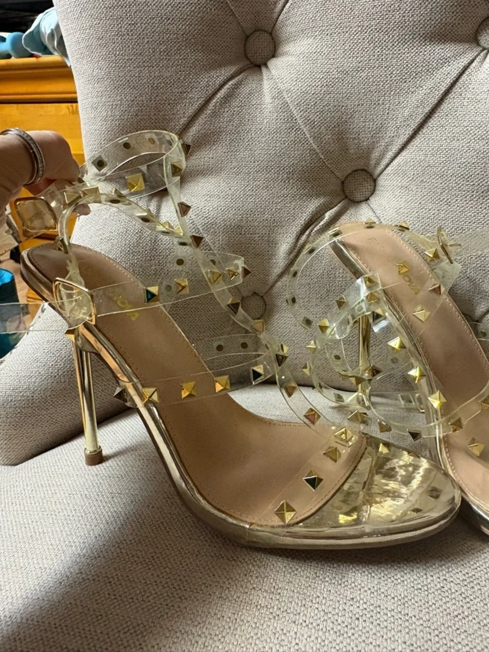 Fashion Nova clear/studded Women's Sandals in Nude/Gold